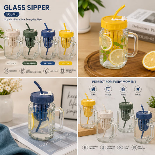 500ML Glass Sipper Bottle Leak Proof & Reusable