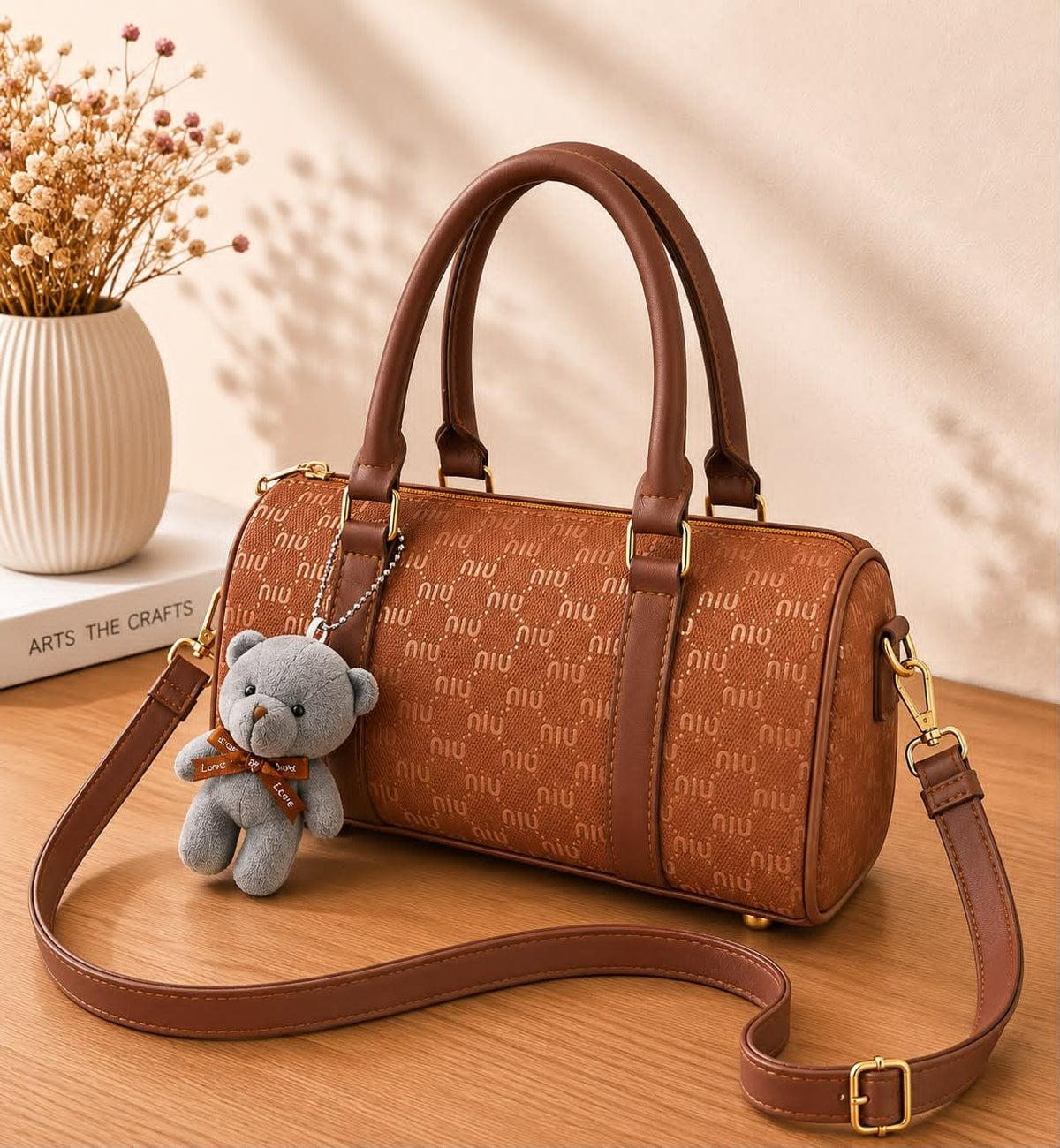 Min Min High Quality Duffle Bag with Teddy Bear Keychain
