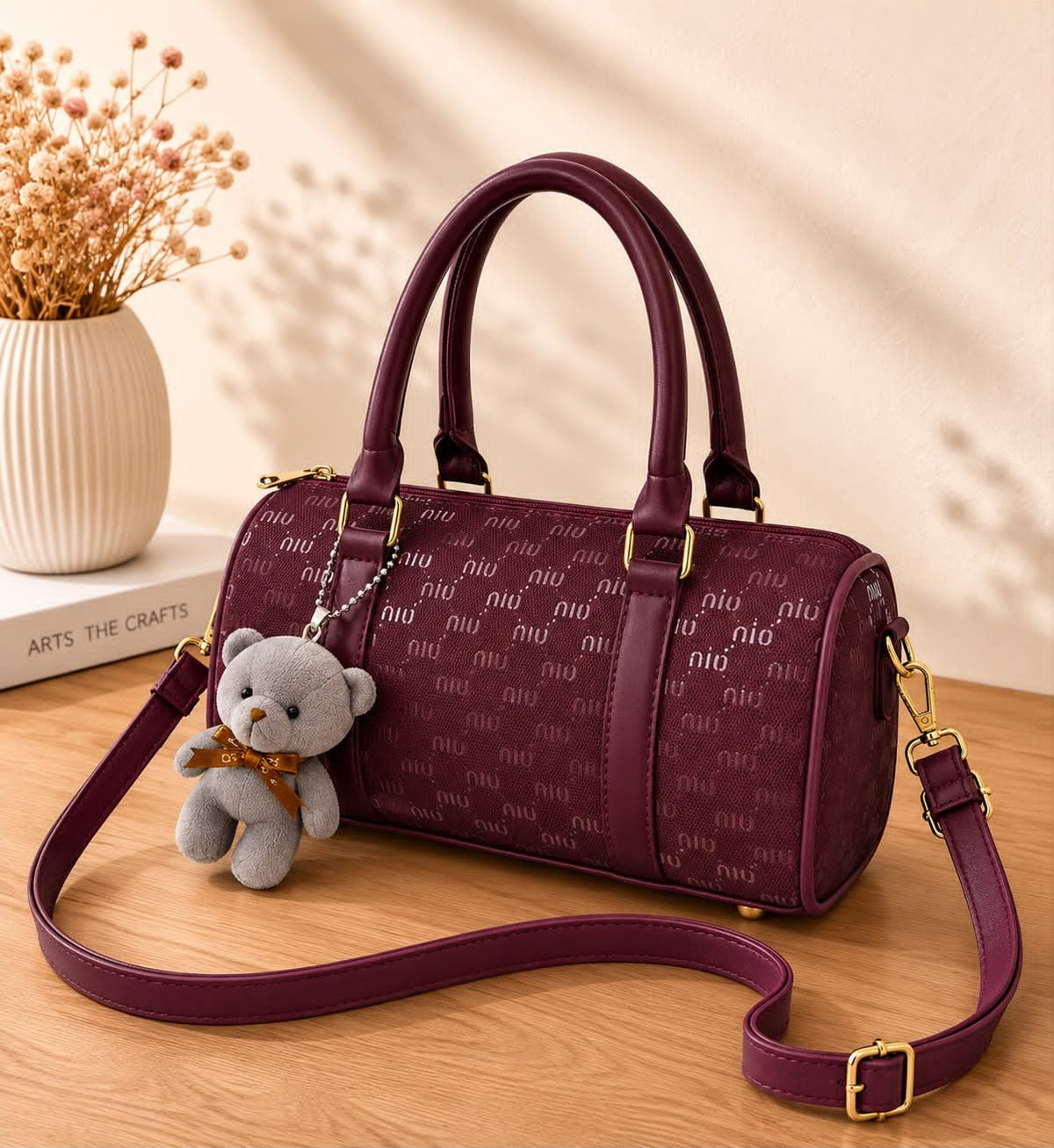Min Min High Quality Duffle Bag with Teddy Bear Keychain