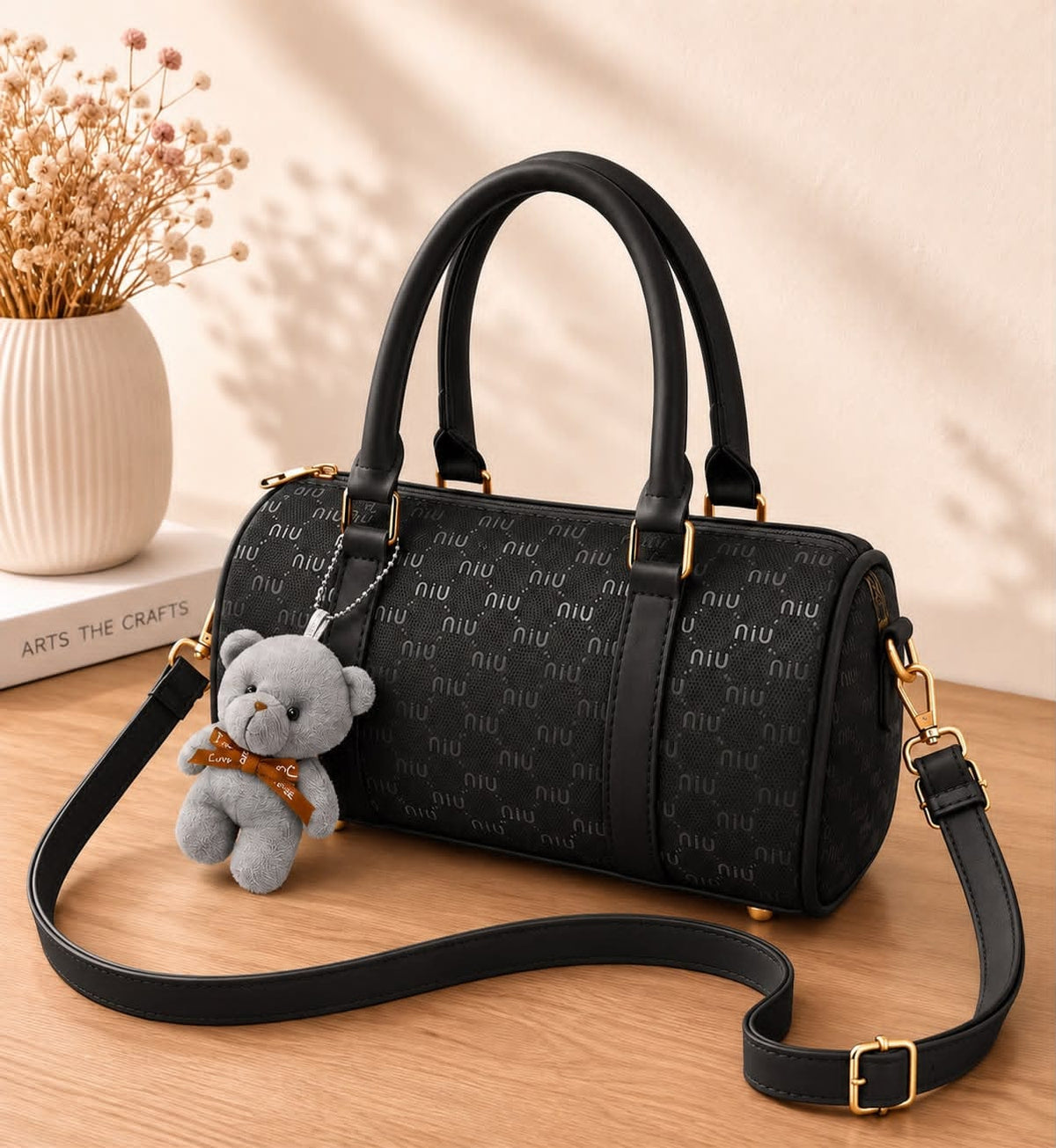 Min Min High Quality Duffle Bag with Teddy Bear Keychain